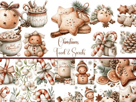 Christmas clipart featuring watercolor gingerbread characters, cookies, candy canes, hot chocolate, and seasonal greenery