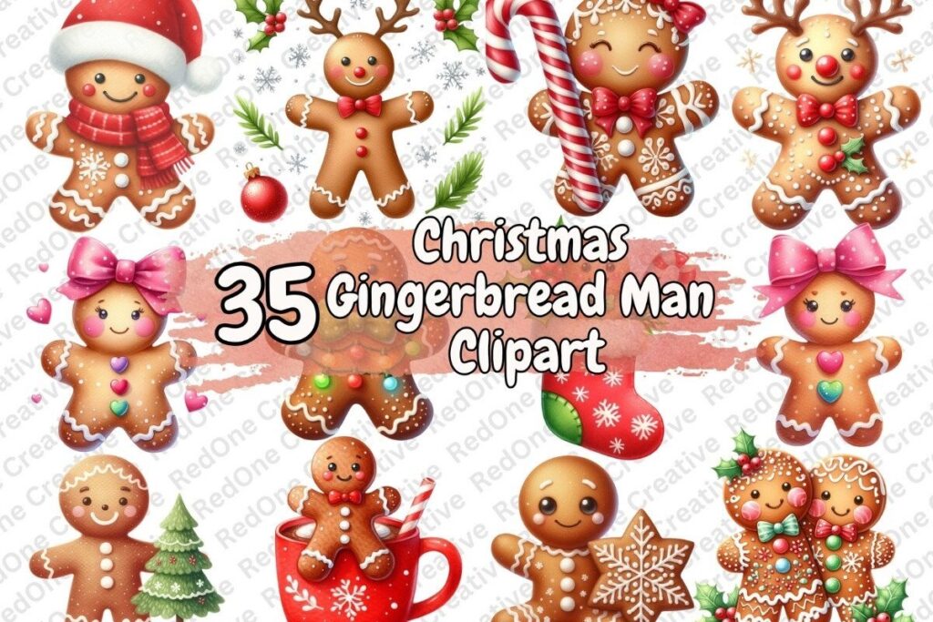 Christmas clipart featuring 35 gingerbread man designs with festive decorations and accessories