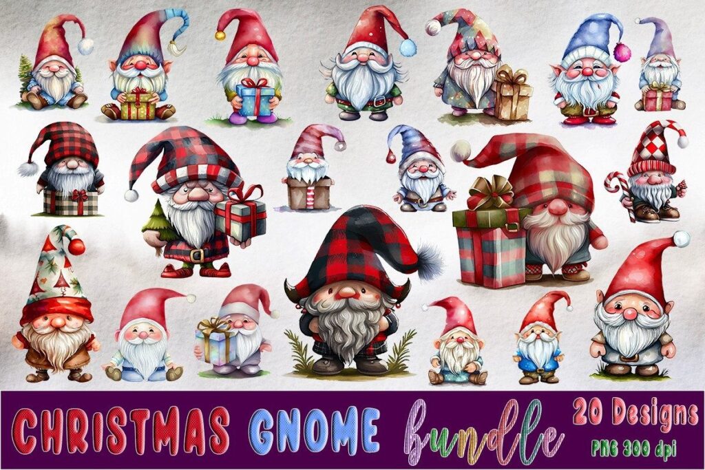 Christmas clipart featuring 20 festive gnome designs with transparent backgrounds for seasonal crafts