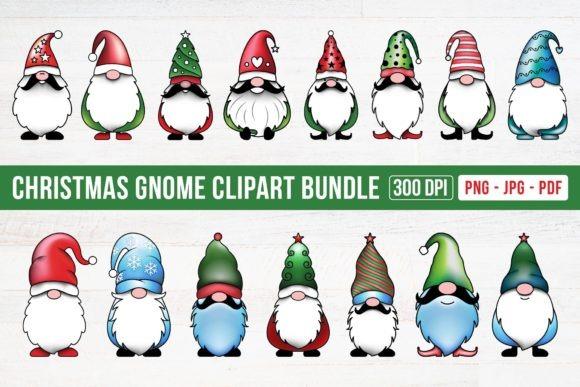 Christmas clipart sets featuring 15 cozy gnome designs in various hats and colors for rustic holiday projects