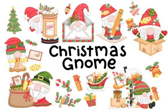 Christmas clip art featuring whimsical Christmas gnome characters with gifts, candy canes, and holiday decorations