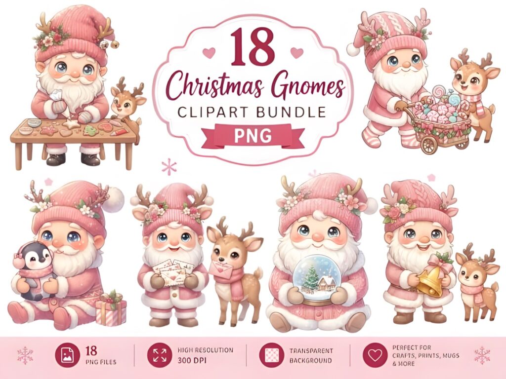 Christmas decorations PNG featuring 18 Christmas gnome clipart designs with festive hats and holiday elements