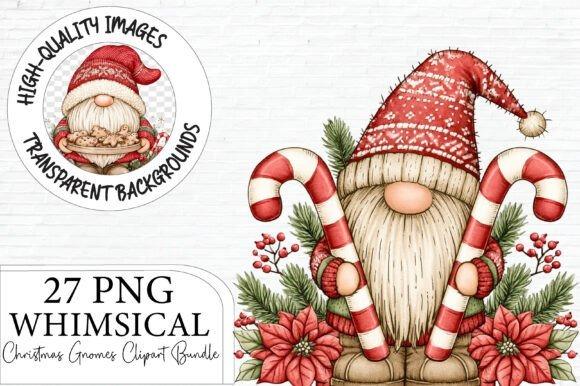 Christmas clipart featuring a whimsical gnome holding two candy canes surrounded by poinsettias and pine branches