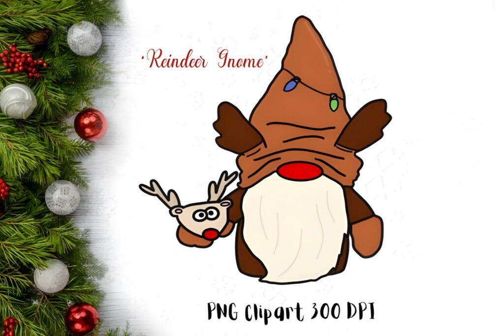 Reindeer gnome Xmas PNG Designs clip art with brown hat and antlers, 3000x3000 px transparent background