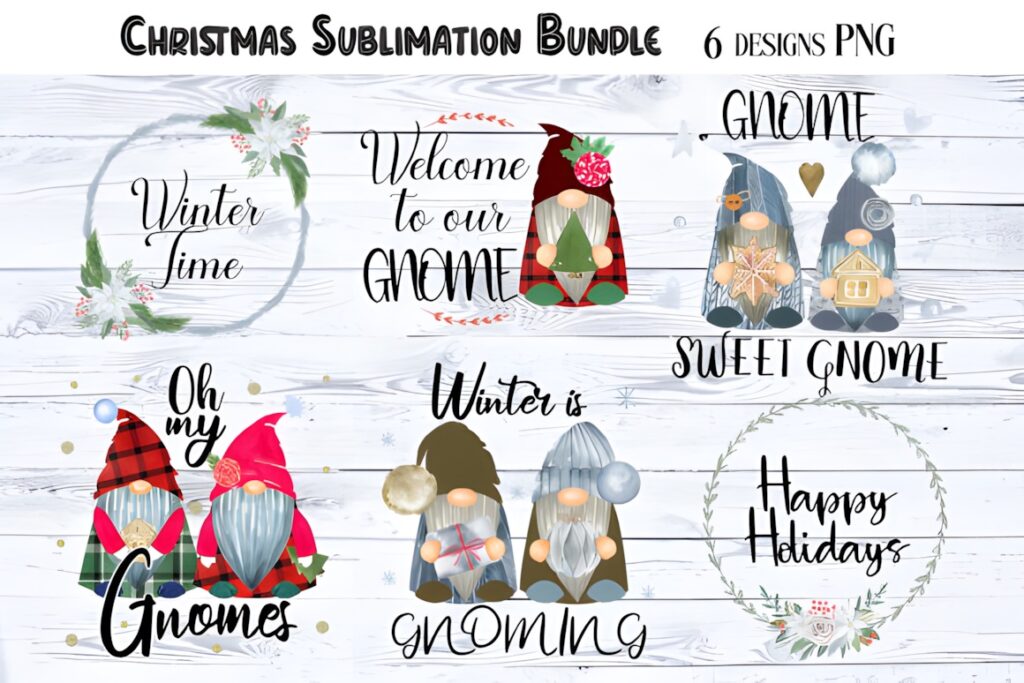 Xmas PNG Designs featuring six Christmas gnome sublimation designs with holiday quotes on transparent backgrounds