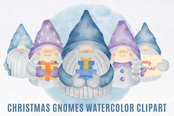 Christmas clip art featuring five watercolor gnome characters holding gifts and a holiday sign