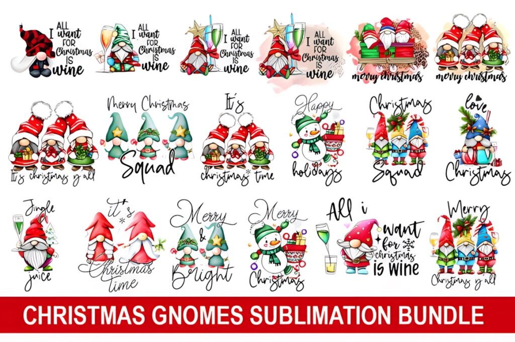 Xmas PNG Designs featuring Christmas gnomes with festive themes and transparent backgrounds