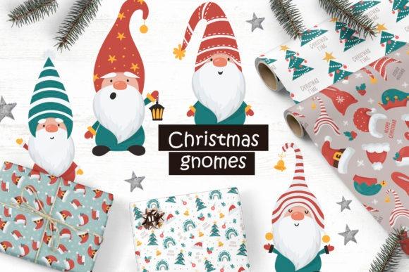 Christmas clipart featuring colorful Christmas gnomes with hats and various holiday patterns on wrapping paper and cards