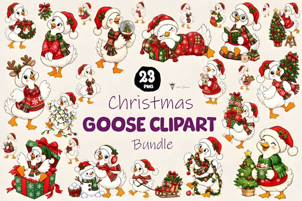Christmas decorations PNG featuring a bundle of 23 playful Christmas goose clipart designs in festive attire and holiday
