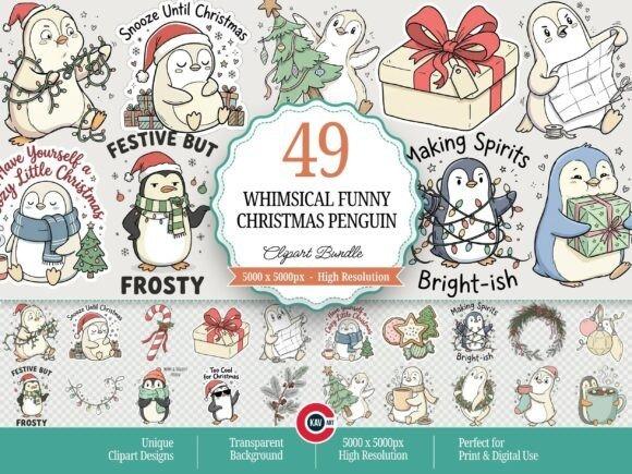 Christmas clip art featuring whimsical funny penguins with gifts, decorations, and holiday humor in playful cartoon style