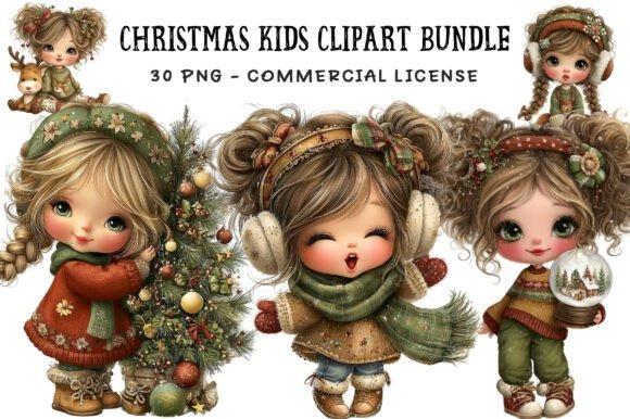 Christmas clipart sets featuring cute children in winter clothes with holiday decorations