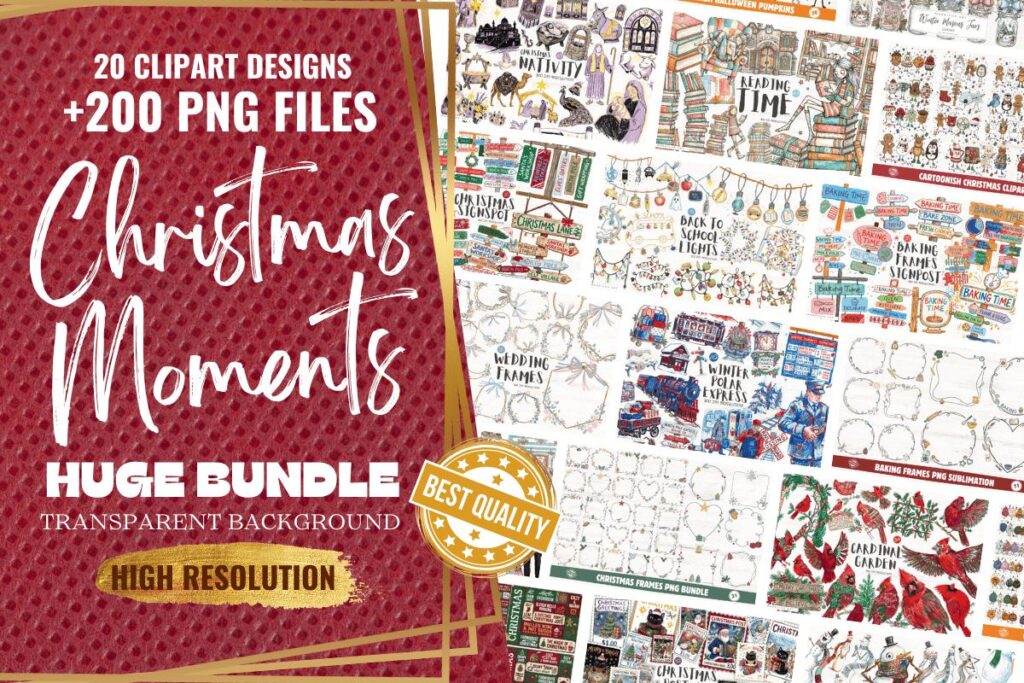 Christmas clipart collection with 20 themed sets and over 200 transparent PNG images including Santa, reindeer, gifts, and