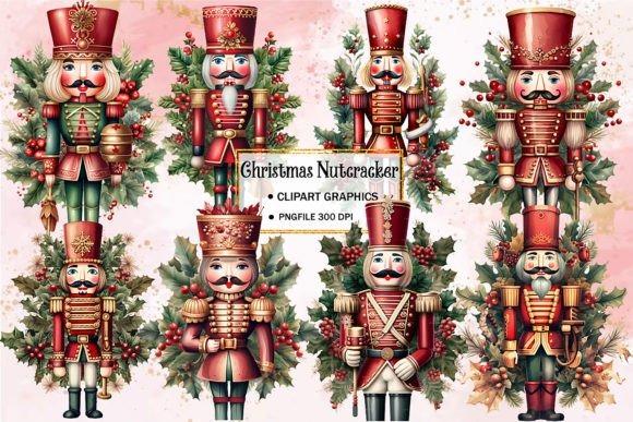 Watercolor Christmas clipart featuring nutcracker soldiers with festive greenery and decorations