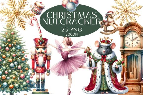 Christmas clipart featuring watercolor nutcracker, ballerina, mouse king, decorated tree, rocking horse, and grandfather