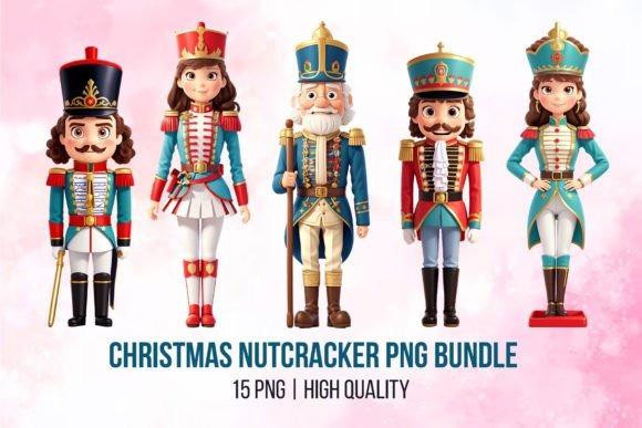 Christmas clipart sets featuring five nutcracker characters in colorful uniforms with transparent backgrounds