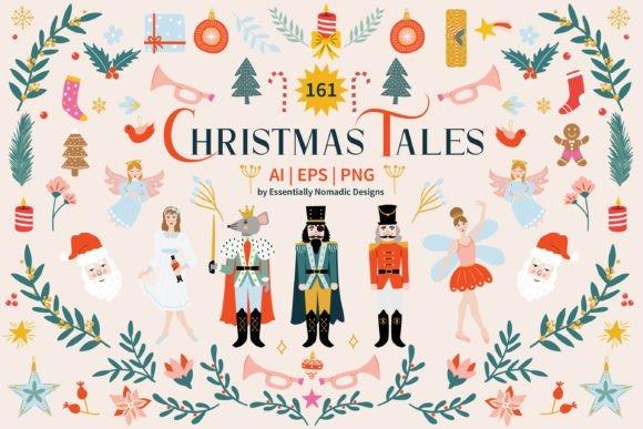 Christmas clipart set with nutcracker characters, florals, foliage, and festive motifs in retro style