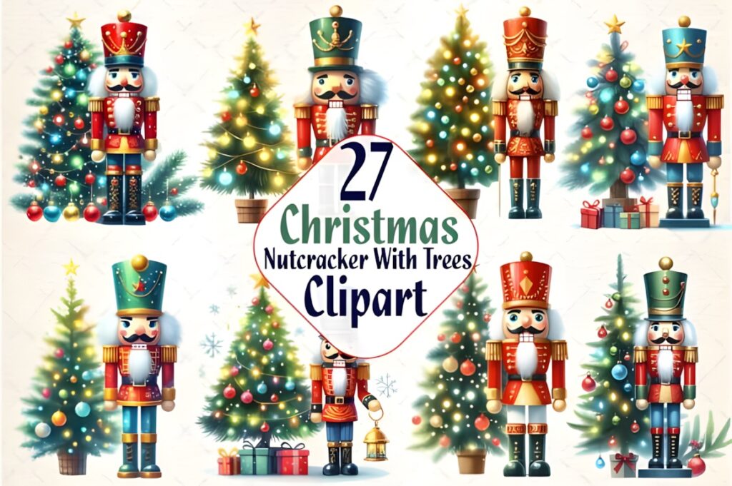 Xmas PNG Designs featuring 27 Christmas Nutcracker figures with decorated trees and gifts