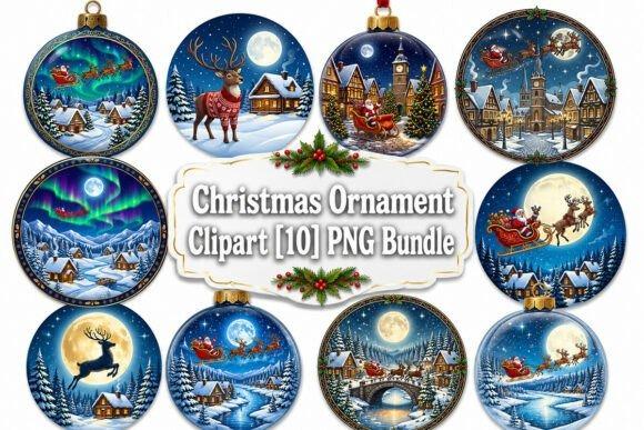 Christmas Clipart featuring 10 detailed Christmas ornament designs with snowy village and holiday scenes in PNG format