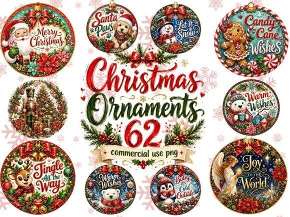 Christmas clip art featuring festive ornament designs with Santa, snowmen, reindeer, gingerbread, and holiday greetings