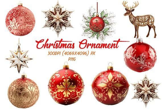 Christmas clip art featuring red and gold Christmas ornament designs and a decorative reindeer