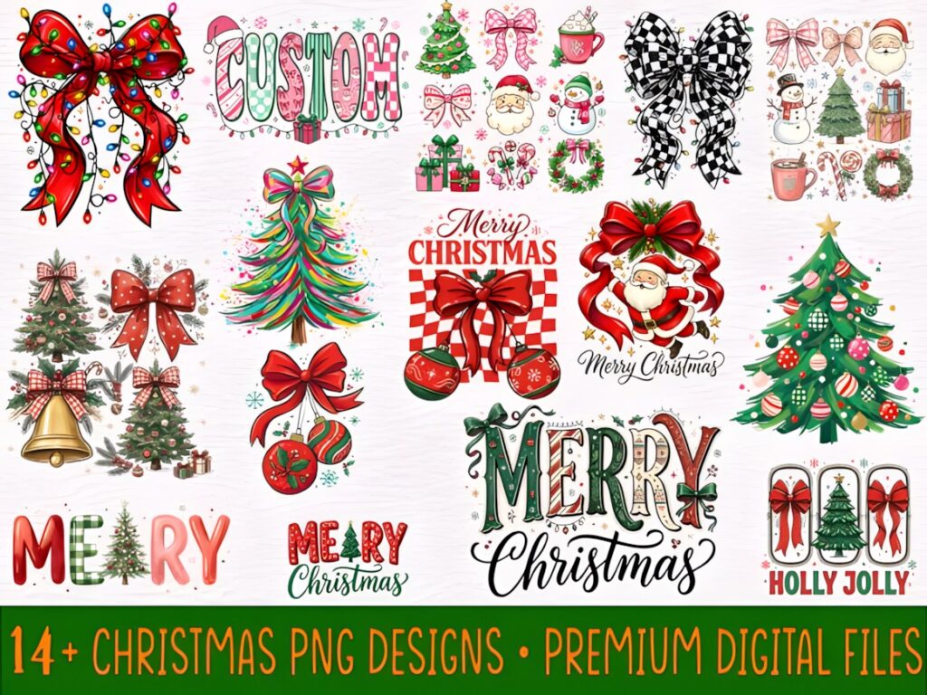 Christmas decorations PNG designs including bows, trees, Santa, ornaments, wreaths, and holiday text for sublimation projects