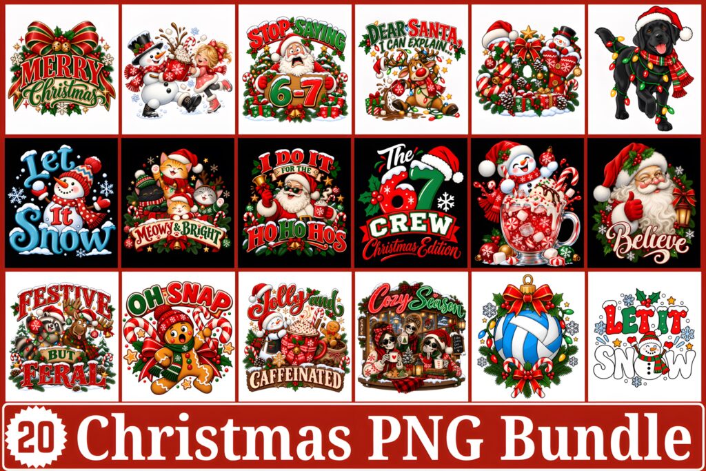 Xmas PNG Designs featuring Santa, reindeer, Christmas trees, ornaments, gingerbread, gifts, and holiday typography with