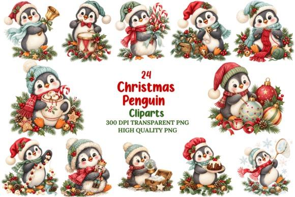 Christmas clipart featuring watercolor penguins with Santa hats, scarves, gifts, candy canes, and winter accessories