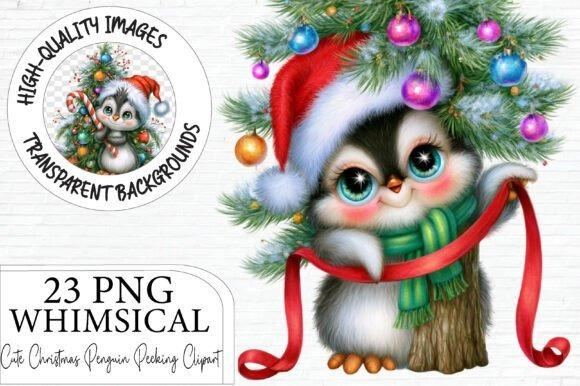 Christmas clip art of a whimsical penguin wearing a Santa hat and green scarf, peeking from behind a decorated pine tree