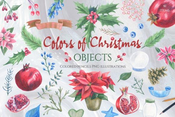 Christmas clip art featuring poinsettias, holly, pomegranates, pinecones, and decorative botanical elements in colored