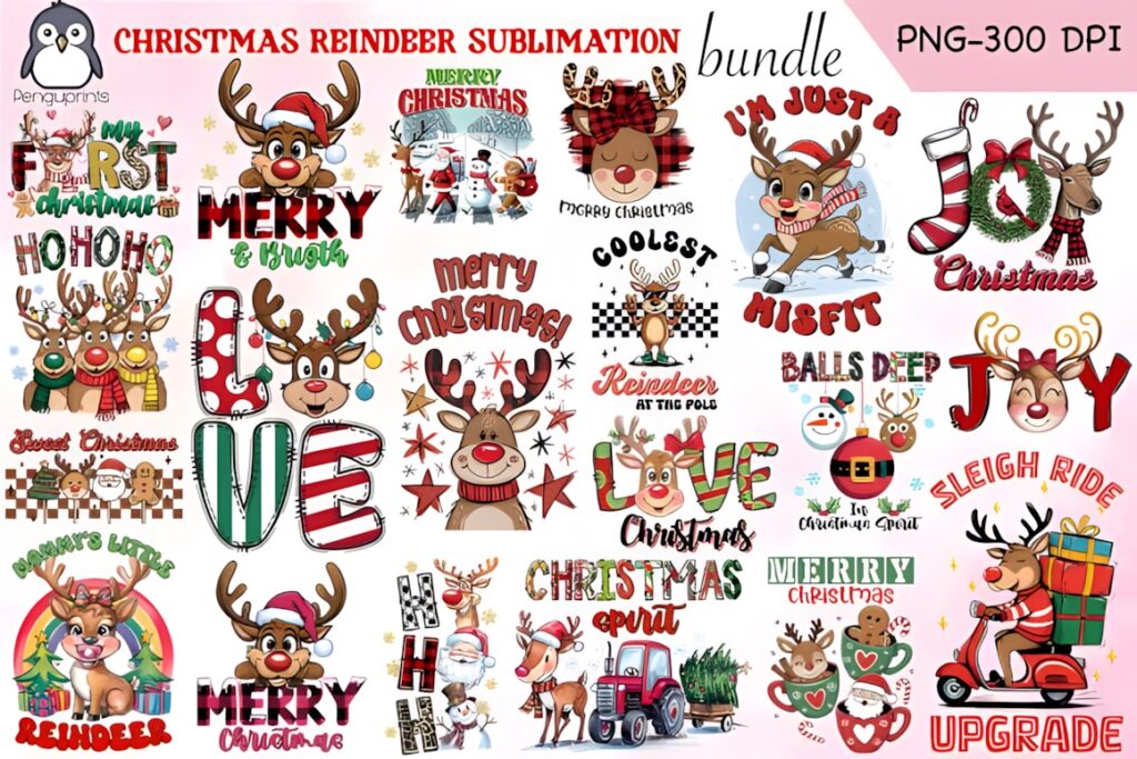 Xmas PNG Designs featuring a Christmas Reindeer Sublimation Bundle with various reindeer-themed holiday graphics including