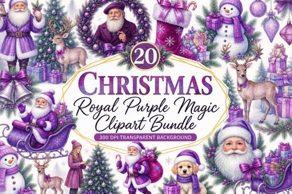 Christmas clipart bundle with royal purple themed Santas, snowmen, reindeer, gifts, and decorations