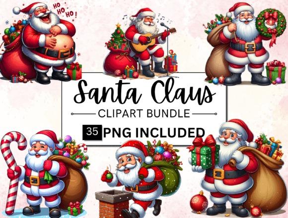 Christmas clip art featuring multiple Santa Claus illustrations in various poses with gifts and holiday decorations