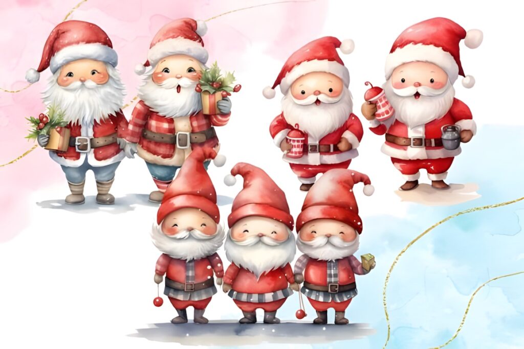 Santa Claus clipart featuring seven cheerful watercolor Santas in red outfits with gifts and holiday accessories