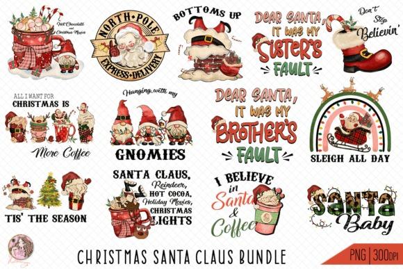 Christmas clipart featuring Santa Claus designs including mugs, gnomes, sleigh, and festive quotes with transparent