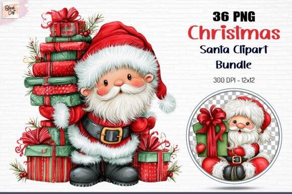 Christmas clipart featuring Santa Claus with multiple gifts and holiday decorations in transparent PNG format