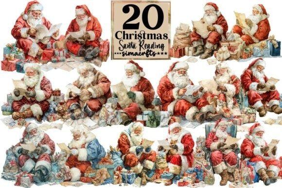 Christmas clipart for holiday cards showing various Santa Claus reading letters in different poses with gifts and children