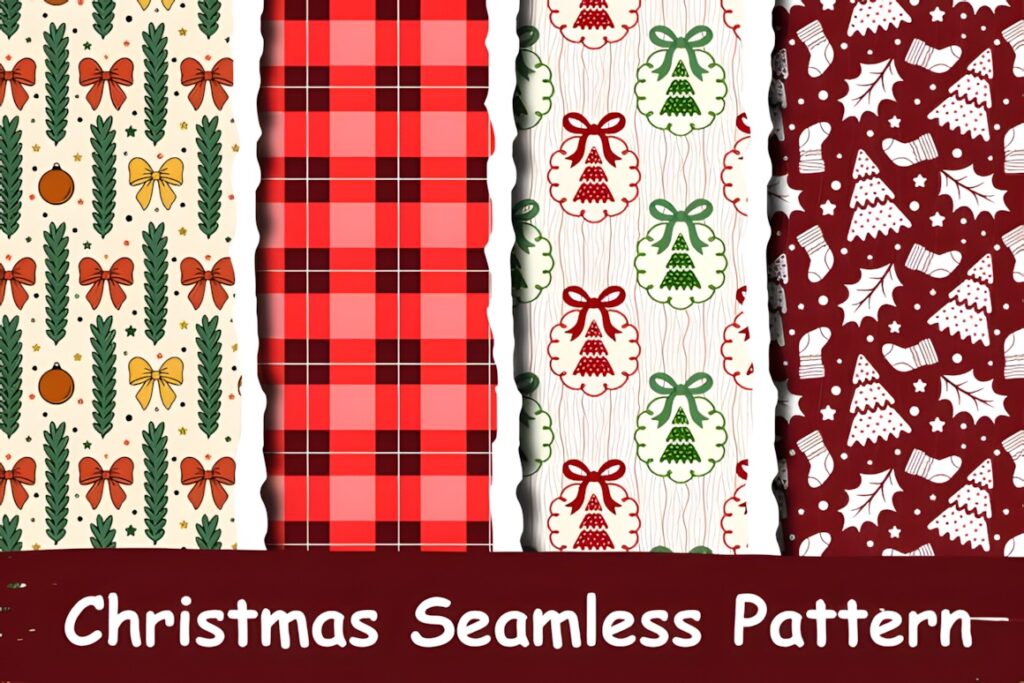 Christmas decorations PNG seamless patterns including bows, plaid, bells, and trees in red, green, and white colors