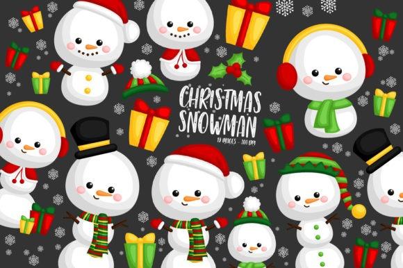 Christmas clipart featuring various snowmen with hats, scarves, and earmuffs surrounded by colorful gift boxes and snowflakes