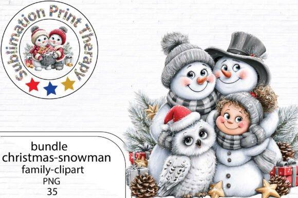 Christmas clip art featuring a watercolor-style snowman family with a child, owl, pinecones, and holiday decorations