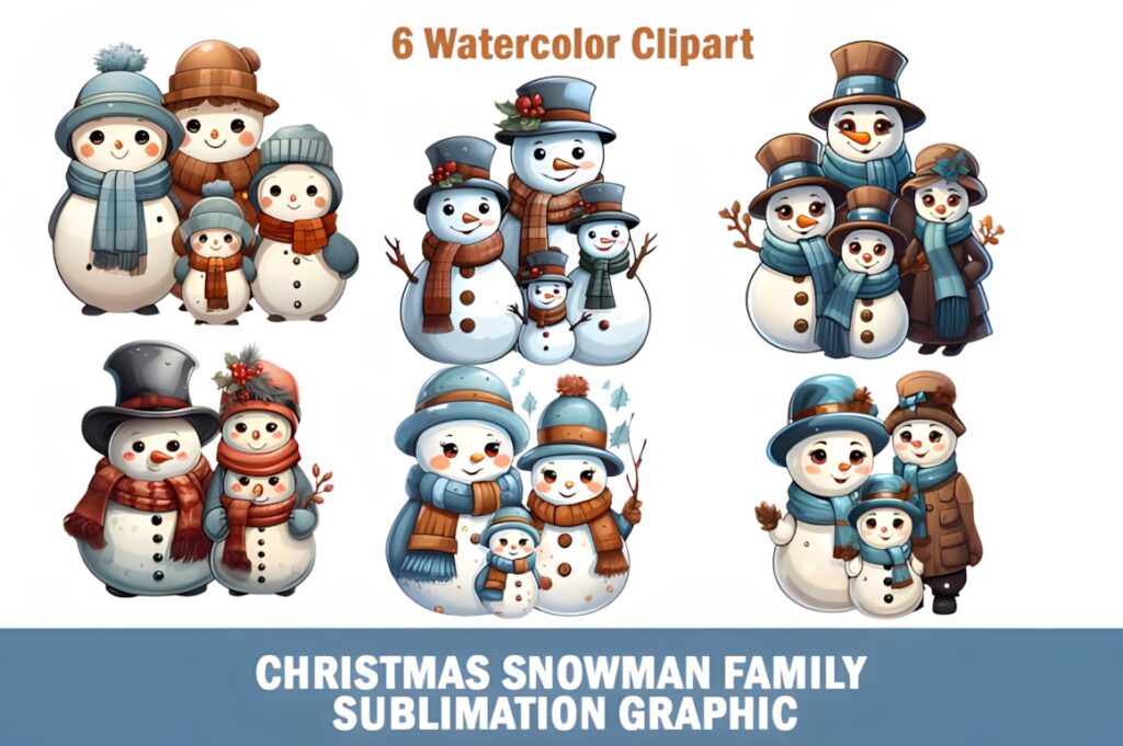 Xmas PNG Designs featuring six watercolor Christmas snowman family clipart sets with scarves and hats