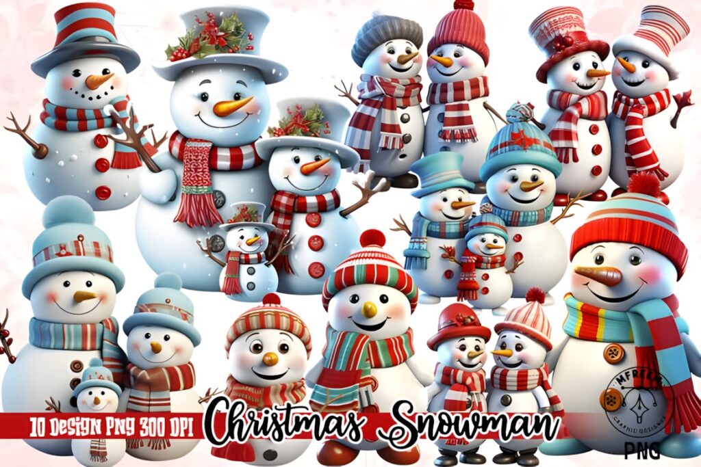 Xmas PNG Designs featuring various Christmas snowmen in colorful hats and scarves for sublimation projects
