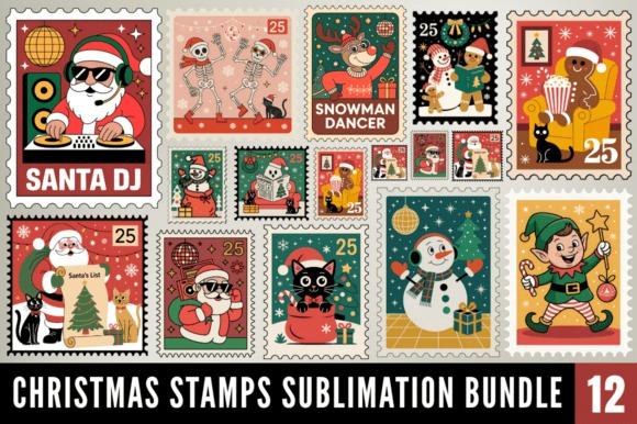 Christmas clipart for holiday cards featuring retro postage stamp designs with Santa, snowman, elf, and festive characters