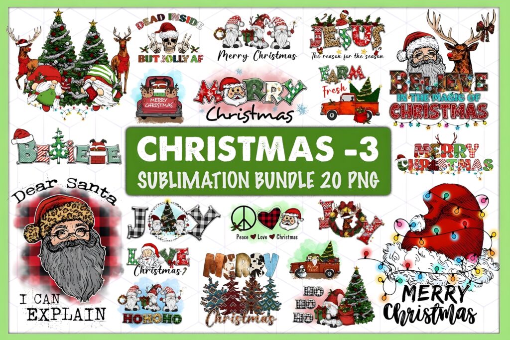 Xmas PNG Designs Christmas Sublimation Bundle with Santa, gnomes, reindeer, Christmas trees, truck, and seasonal sayings in