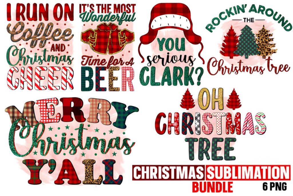 Christmas decorations PNG designs including festive phrases and holiday-themed graphics for sublimation projects