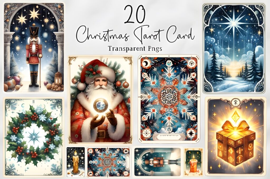 Christmas clip art featuring mystical tarot card designs with Santa, wreath, stars, and candles in a festive holiday style