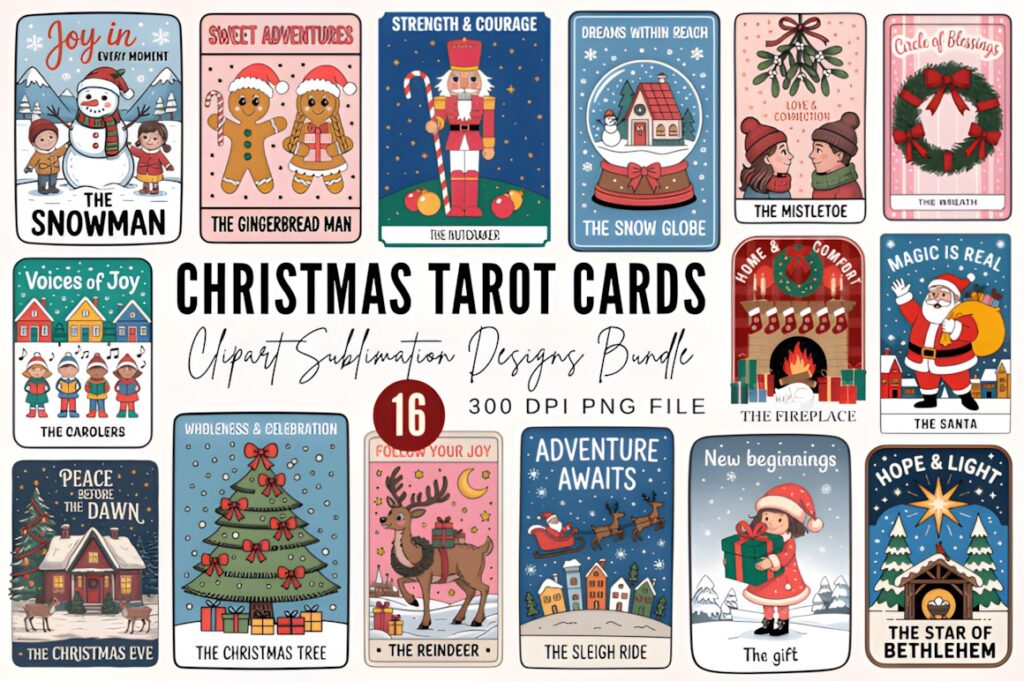 Christmas clip art featuring 16 tarot-style holiday illustrations including snowman, gingerbread man, nutcracker, snow