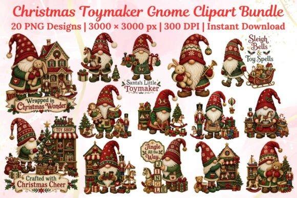 Christmas clipart featuring 20 PNG designs of gnomes with vintage toys like trains, teddy bears, nutcrackers, and holiday