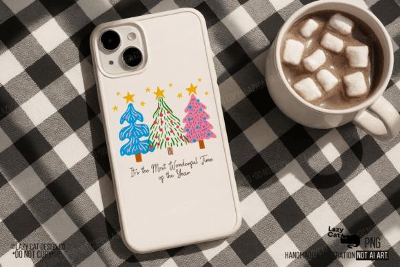 Christmas Tree PNG Designs for Sublimation on white phone case with colorful hand-drawn trees and stars