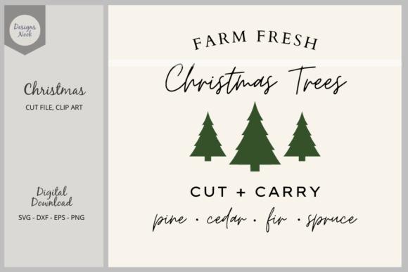 Christmas tree vector designs featuring three green pine tree silhouettes with text Farm Fresh Christmas Trees