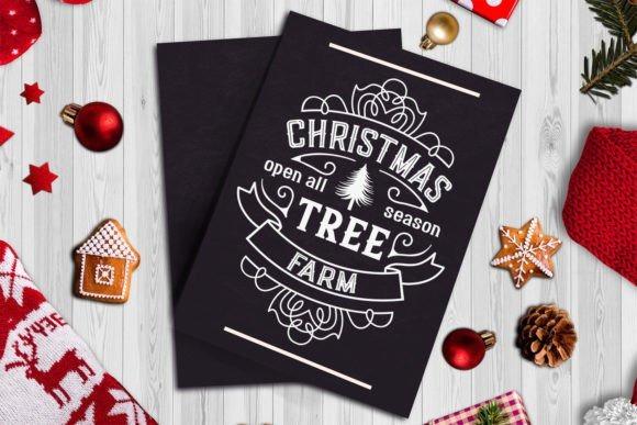 Christmas tree vector designs featuring farmhouse typography and decorative vintage elements on black cards